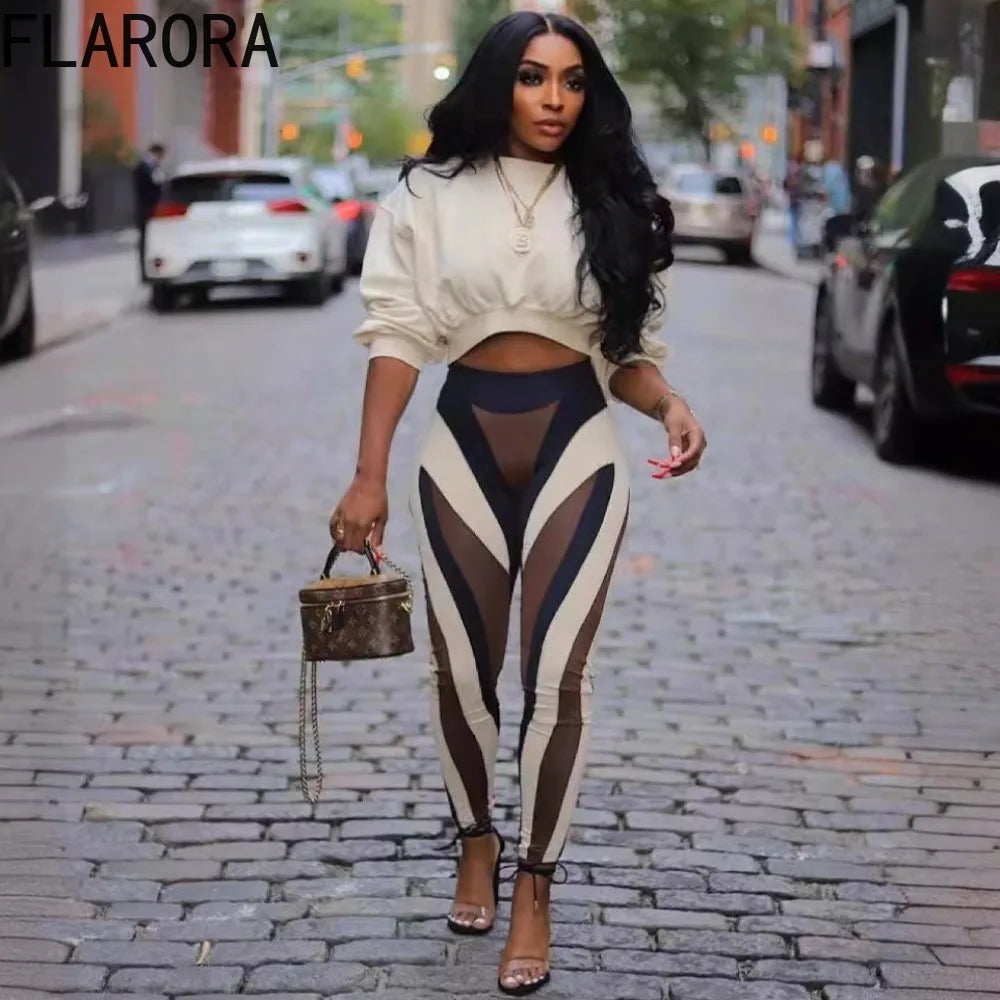 FLARORA Fashion Stripe Print 2 Pcs Sets Woman Round Neck Long Sleeve Crop Tops And Skinny Pants Outfits Fall Street Tracksuits